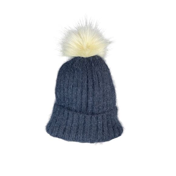 Converse Women’s Knit Pom Beanie Hat Navy with Faux Fur Top | Cozy Winter Cap - Picture 3 of 4